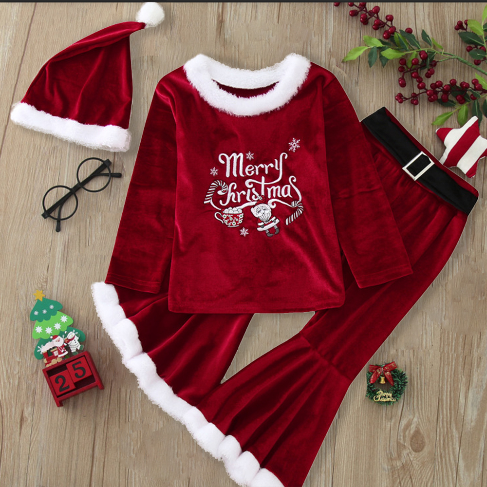 【12M-7Y】3-piece Girls Sweet Red Velvet Christmas Print Plush Top And Flare Pants Set - 34252 【12M-7Y】3-piece Girls Sweet Red Velvet Christmas Print Plush Top And Flare Pants Set - 34252