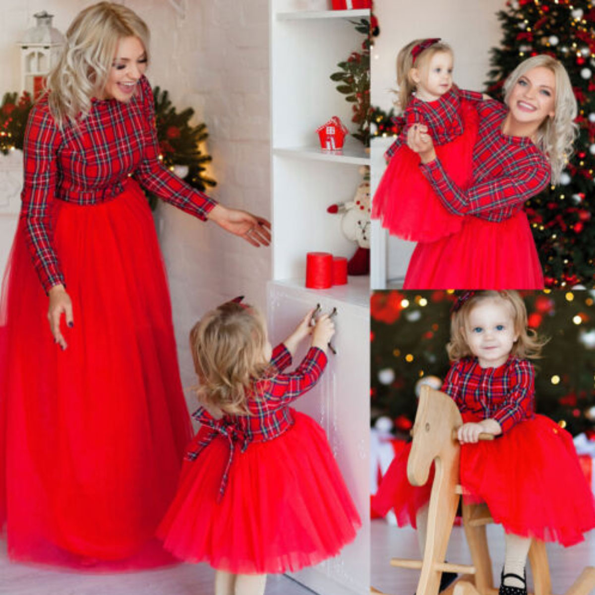 Christmas Red Plaid Mesh Stitching Mom Girl Matching Dress - 13202 Christmas Red Plaid Mesh Stitching Mom Girl Matching Dress - 13202