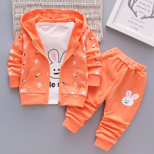 【12M-4Y】Children Clothes Girls 3-piece Rabbit Print Cotton Long-sleeved T-shirt and Pants Hoodie Coat Set - 34220 【12M-4Y】Children Clothes Girls 3-piece Rabbit Print Cotton Long-sleeved T-shirt and Pants Hoodie Coat Set - 34220