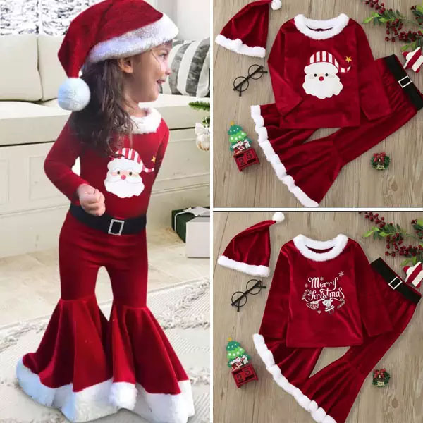 【12M-7Y】3-piece Girls Sweet Red Velvet Christmas Print Plush Top And Flare Pants Set - 34252 【12M-7Y】3-piece Girls Sweet Red Velvet Christmas Print Plush Top And Flare Pants Set - 34252