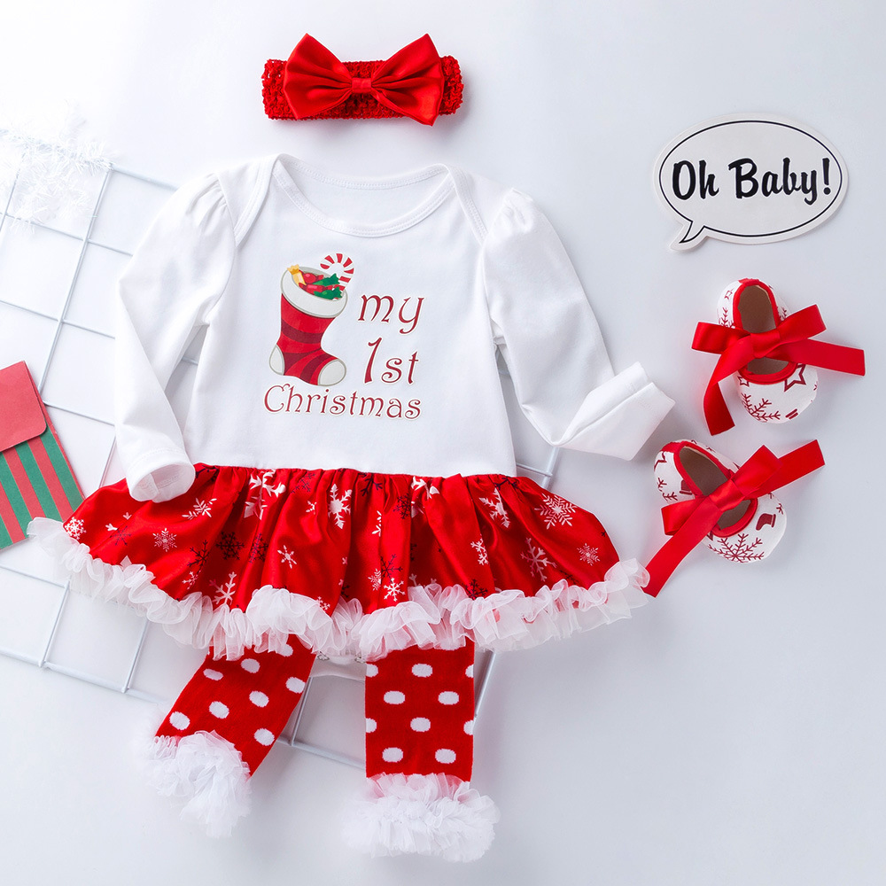【0M-18M】Baby Girl 4-piece Christmas Romper Dress With Leggings, Shoes And Headband 【0M-18M】Baby Girl 4-piece Christmas Romper Dress With Leggings, Shoes And Headband