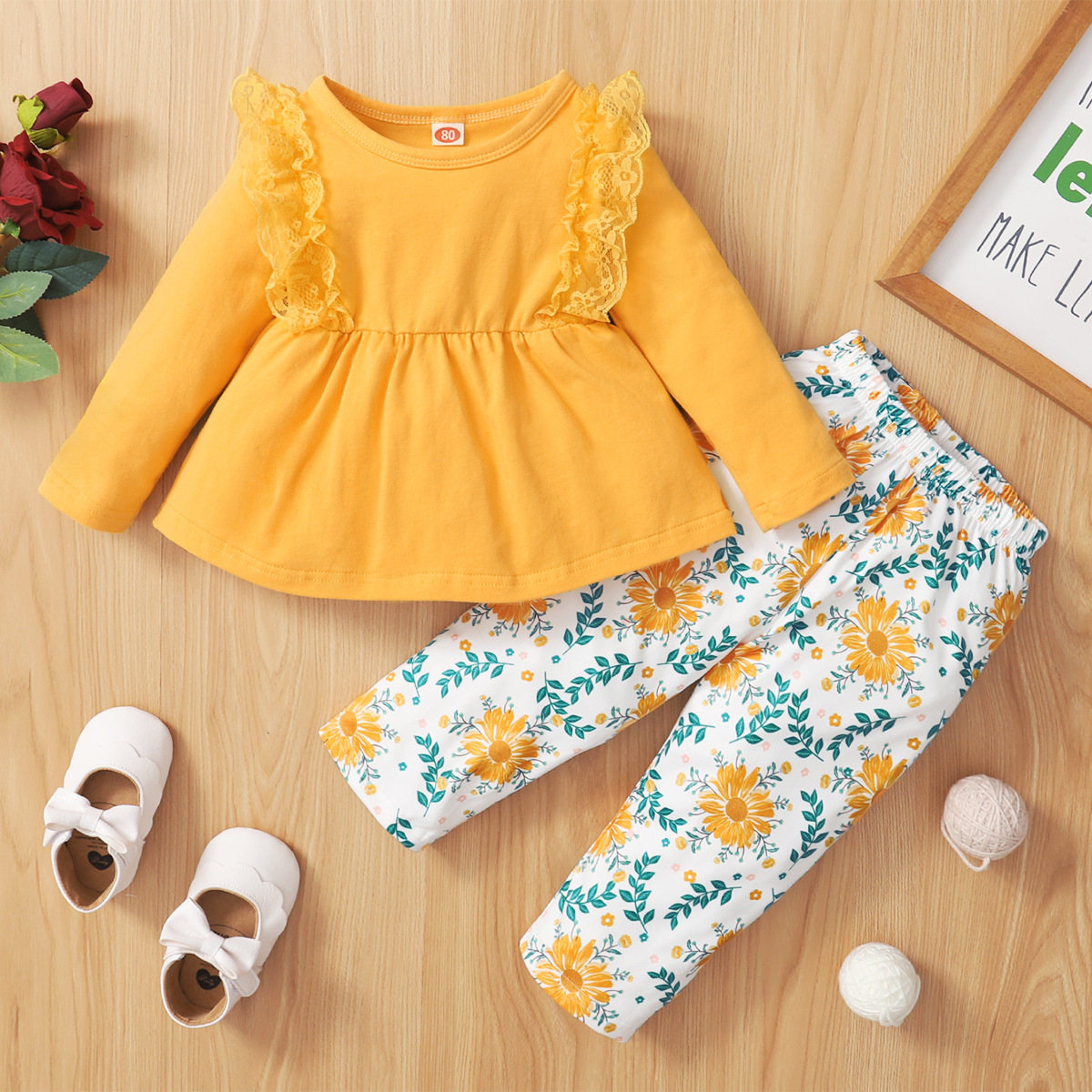 【6M-3Y】Baby Girl 2-piece Long Sleeve Top And Daisy Pants 【6M-3Y】Baby Girl 2-piece Long Sleeve Top And Daisy Pants