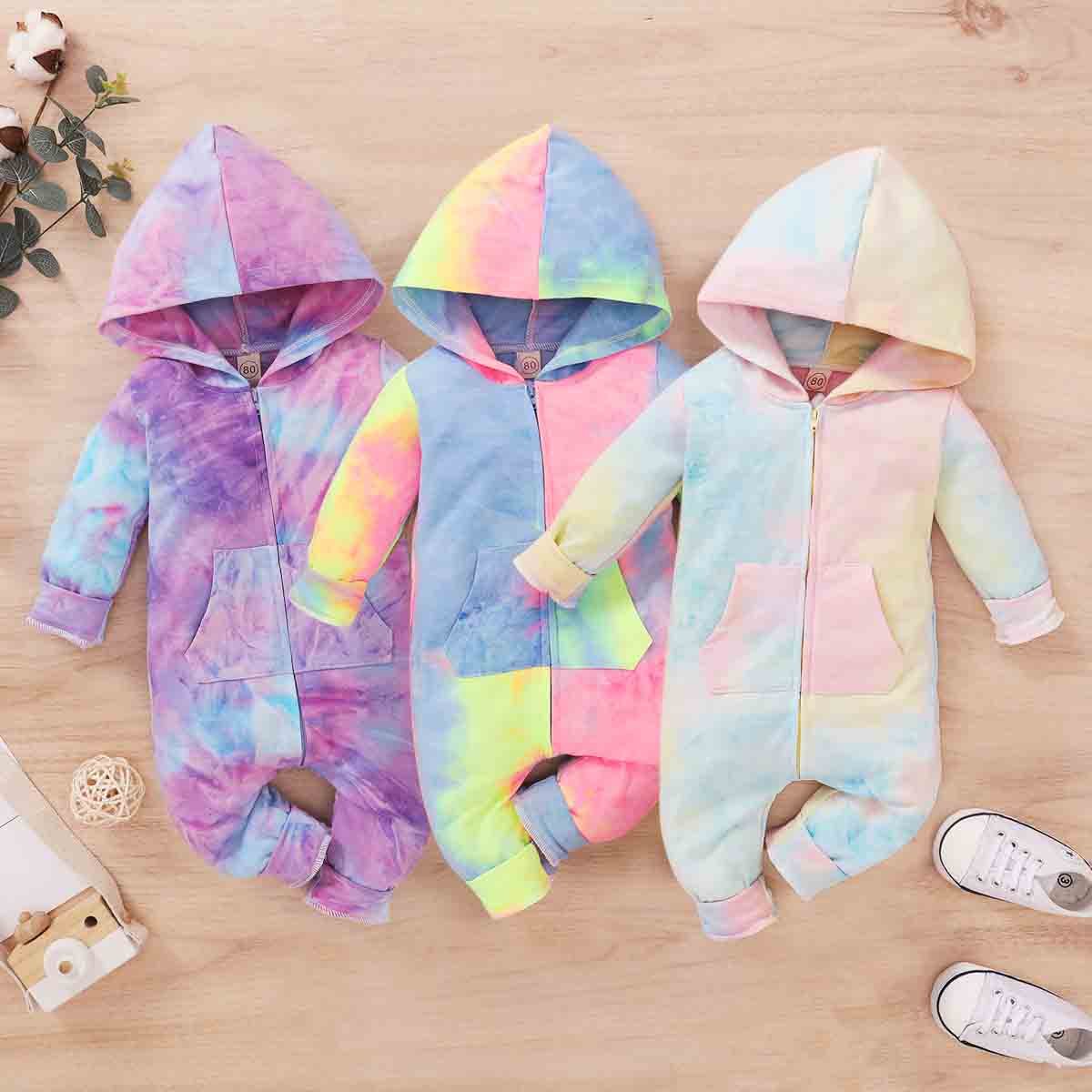 【0M-12M】Baby Tie-dye Hooded Zipper Long-sleeved Romper - 4503 【0M-12M】Baby Tie-dye Hooded Zipper Long-sleeved Romper - 4503
