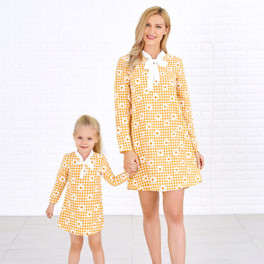 Sweet Long Sleeved Yellow Plaid and Flower Print Mom Girl Matching Dress Sweet Long Sleeved Yellow Plaid and Flower Print Mom Girl Matching Dress