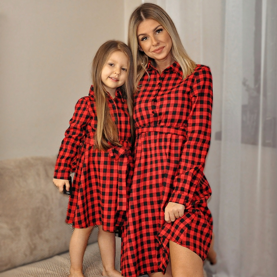 Classic Red Plaid Cotton Blends Long Sleeve Mom Girl Matching Dress - 1159 Classic Red Plaid Cotton Blends Long Sleeve Mom Girl Matching Dress - 1159