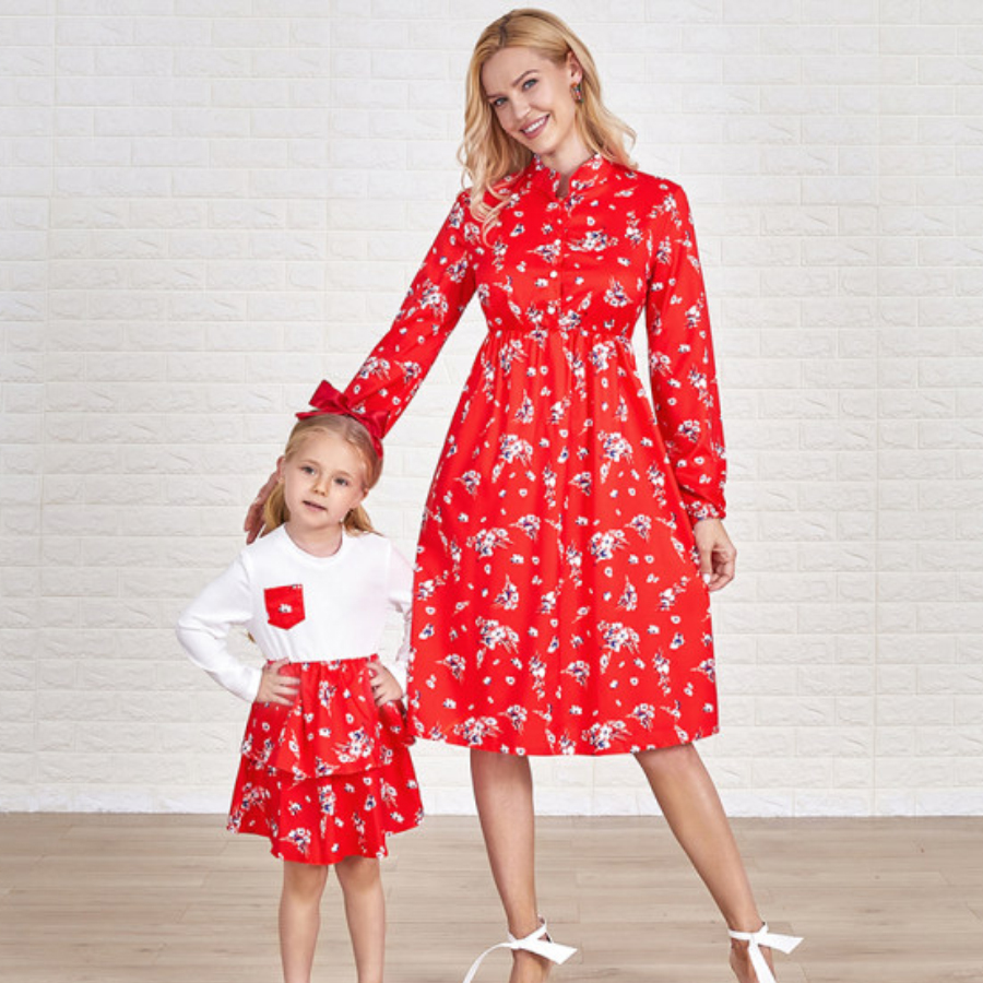 Red Flower Print Long Sleeve Mom Girl Matching Dress Red Flower Print Long Sleeve Mom Girl Matching Dress