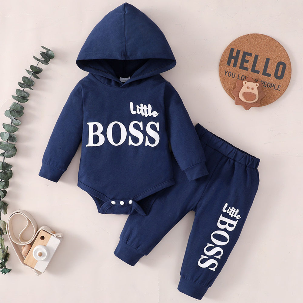 【0M-24M】2-piece Baby Boy Letter Print Long-sleeved Hooded Romper And Pants Set 【0M-24M】2-piece Baby Boy Letter Print Long-sleeved Hooded Romper And Pants Set