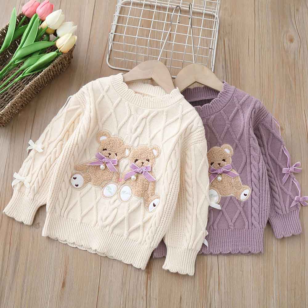 【18M-6Y】Girls Bear Embroidered Round Neck Long Sleeve Sweater - 31120 【18M-6Y】Girls Bear Embroidered Round Neck Long Sleeve Sweater - 31120