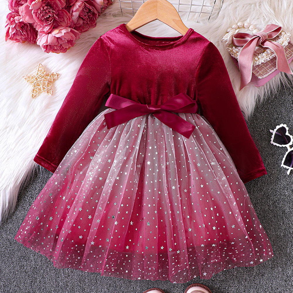 【18M-6Y】Girls Red Velvet Gradient Star Mesh Long Sleeve Dress 【18M-6Y】Girls Red Velvet Gradient Star Mesh Long Sleeve Dress