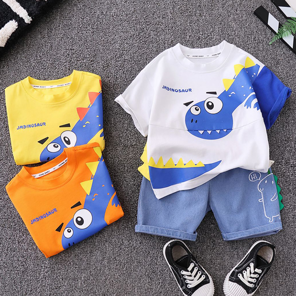 【9M-4Y】2-piece Boys Dinosaurs Print Short-sleeved T-shirt And Denim Shorts Set 【9M-4Y】2-piece Boys Dinosaurs Print Short-sleeved T-shirt And Denim Shorts Set
