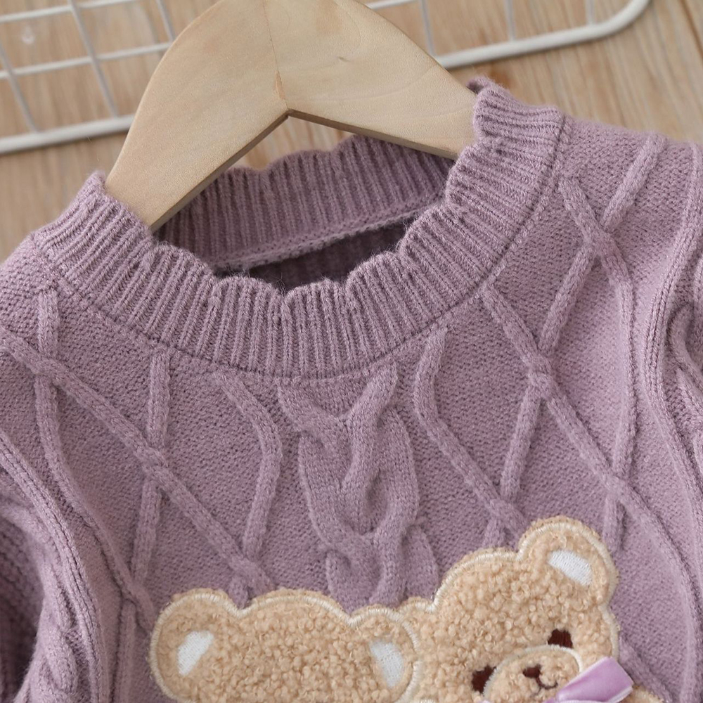 【18M-6Y】Girls Bear Embroidered Round Neck Long Sleeve Sweater - 31120 【18M-6Y】Girls Bear Embroidered Round Neck Long Sleeve Sweater - 31120