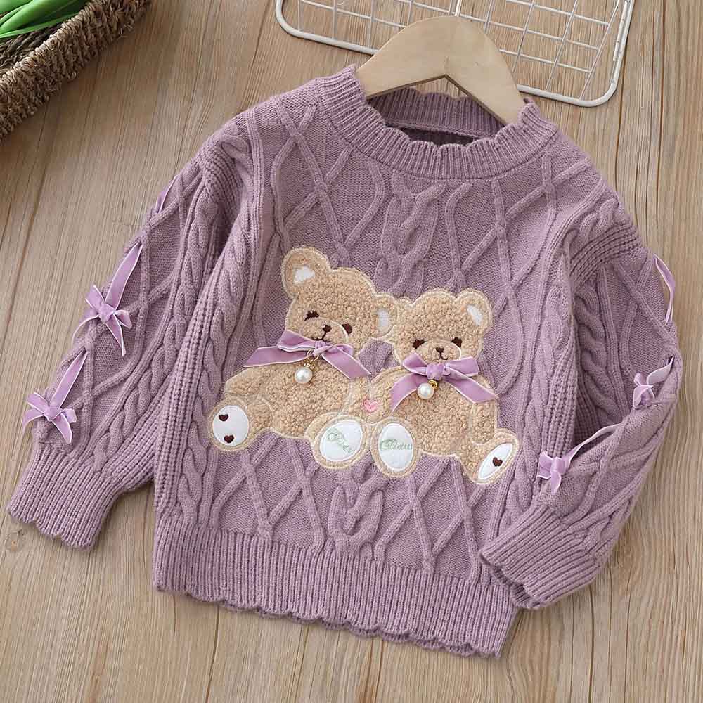 【18M-6Y】Girls Bear Embroidered Round Neck Long Sleeve Sweater - 31120 【18M-6Y】Girls Bear Embroidered Round Neck Long Sleeve Sweater - 31120