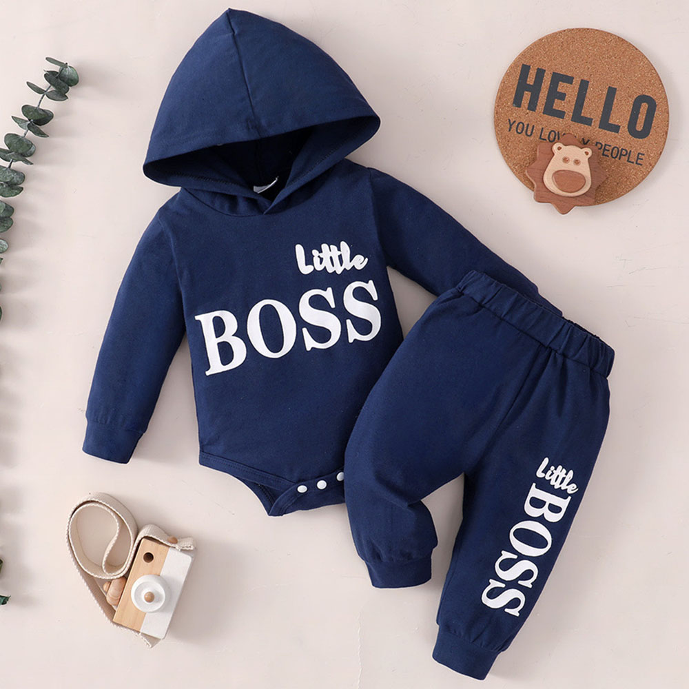 【0M-24M】2-piece Baby Boy Letter Print Long-sleeved Hooded Romper And Pants Set 【0M-24M】2-piece Baby Boy Letter Print Long-sleeved Hooded Romper And Pants Set