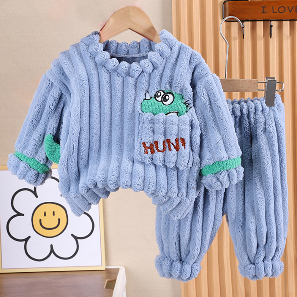 【9M-4Y】2-piece Boys Thick Flannel Dinosaur Embroidered Pajama Set 【9M-4Y】2-piece Boys Thick Flannel Dinosaur Embroidered Pajama Set