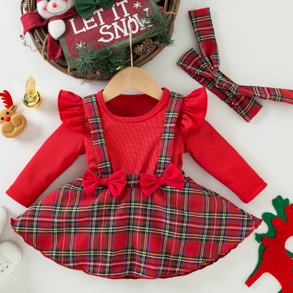 【3M-24M】2-piece Baby Girl Christmas Plaid Long Sleeve Romper With Hairband 【3M-24M】2-piece Baby Girl Christmas Plaid Long Sleeve Romper With Hairband