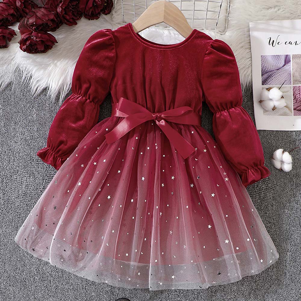 【18M-6Y】Girls Red Velvet Star Mesh Long Sleeve Dress 【18M-6Y】Girls Red Velvet Star Mesh Long Sleeve Dress