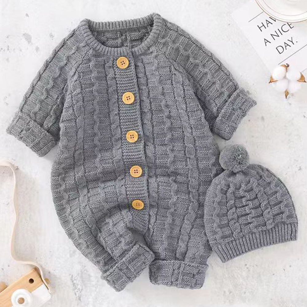 【3M-24M】2-piece Unisex Baby Sweater Romper With Hat 【3M-24M】2-piece Unisex Baby Sweater Romper With Hat