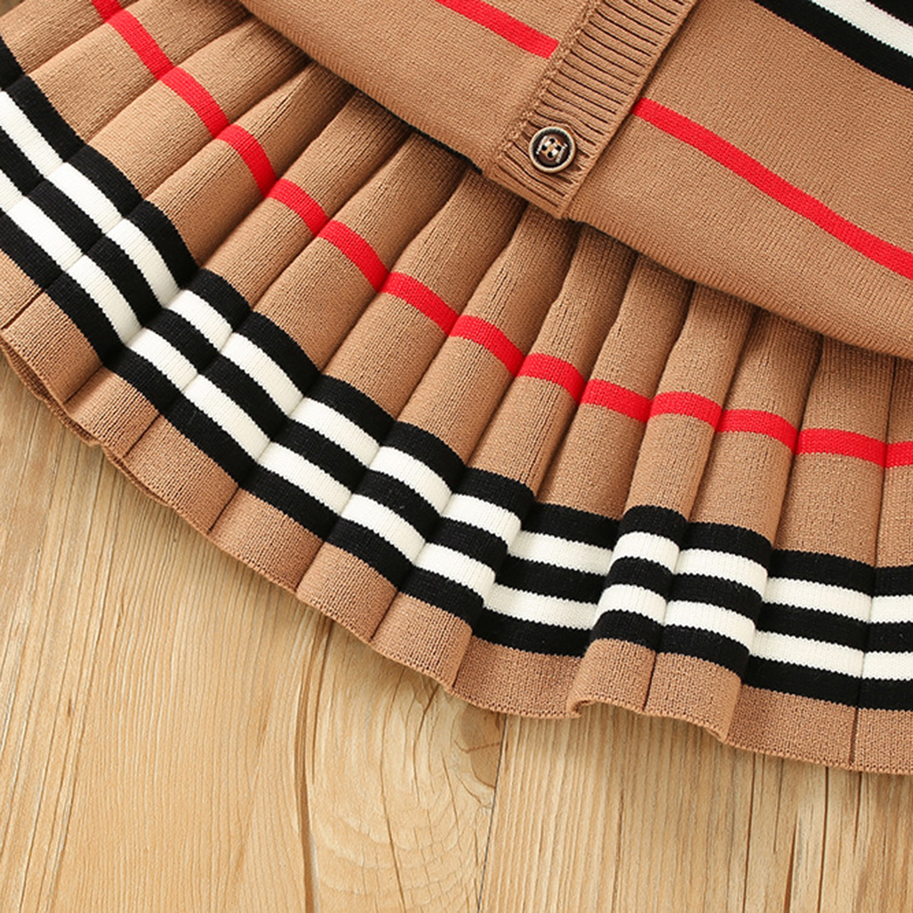 【18M-7Y】Girls Striped Sweater Cardigan And Pleated Skirt Set - 34271 【18M-7Y】Girls Striped Sweater Cardigan And Pleated Skirt Set - 34271