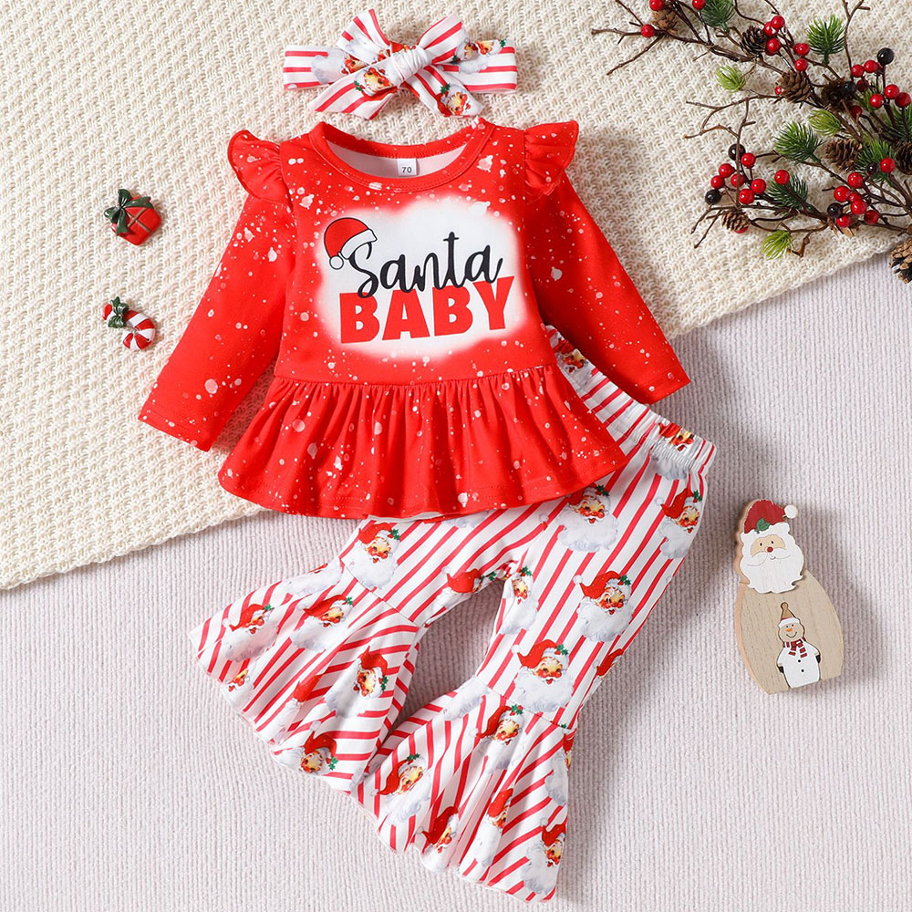 【3M-18M】3-piece Baby Girl Red Christmas Print Long Sleeve T-shirt And Pants Set With Hairband 【3M-18M】3-piece Baby Girl Red Christmas Print Long Sleeve T-shirt And Pants Set With Hairband