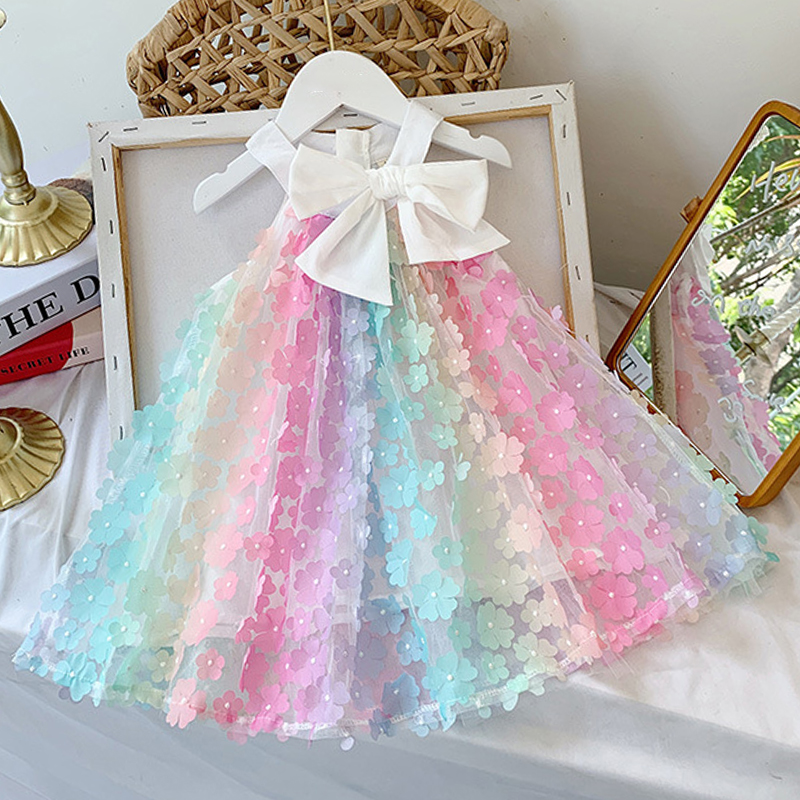 【18M-9Y】Girl Sweet Color Three-dimensional Flower Sleeveless Dress - 33179 【18M-9Y】Girl Sweet Color Three-dimensional Flower Sleeveless Dress - 33179