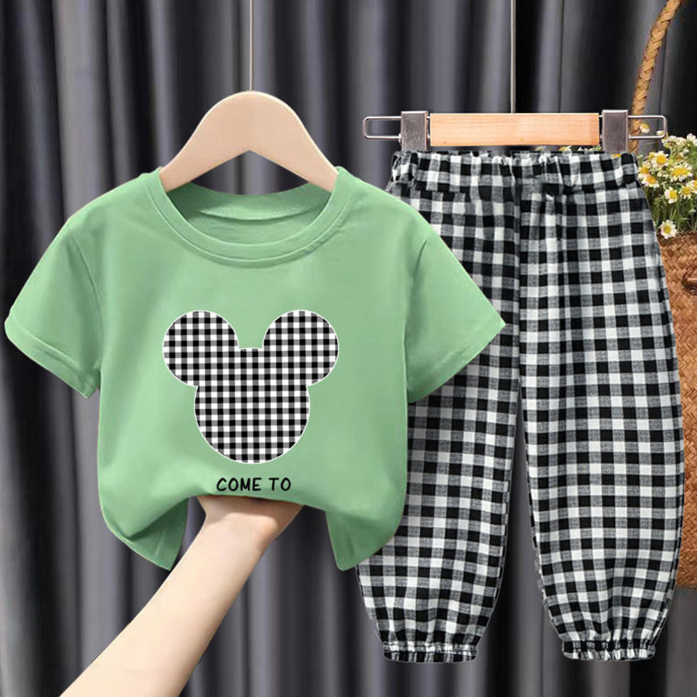 【18M-9Y】Unisex Kids Cartoon Print Short-sleeved T-shirt And Plaid Pants Set - 34359 【18M-9Y】Unisex Kids Cartoon Print Short-sleeved T-shirt And Plaid Pants Set - 34359