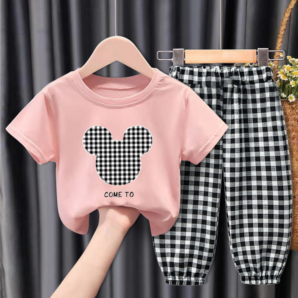 【18M-9Y】Unisex Kids Cartoon Print Short-sleeved T-shirt And Plaid Pants Set - 34359 【18M-9Y】Unisex Kids Cartoon Print Short-sleeved T-shirt And Plaid Pants Set - 34359