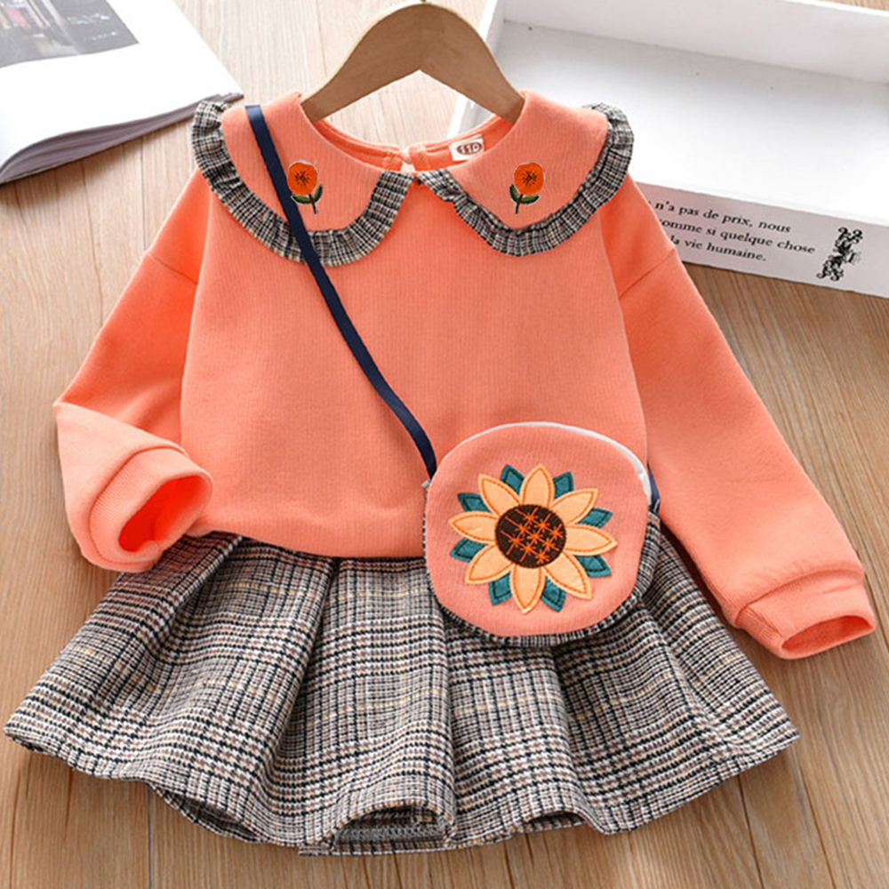 【18M-7Y】Girl 3-piece Doll Collar Sweatshirt And Plaid Pleated Skirt Set With Bag - 34157 【18M-7Y】Girl 3-piece Doll Collar Sweatshirt And Plaid Pleated Skirt Set With Bag - 34157