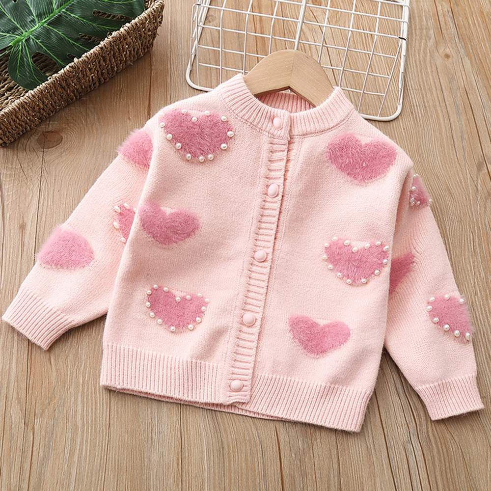 【18M-6Y】Girls Heart Pearl Long Sleeve Sweater Cardigan 【18M-6Y】Girls Heart Pearl Long Sleeve Sweater Cardigan