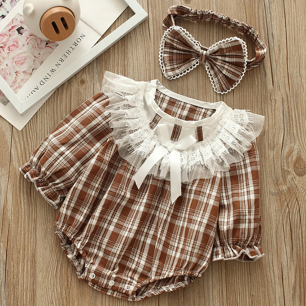 【0M-24M】2-piece Baby Girls Cotton Plaid Long Sleeve Romper With Hairband 【0M-24M】2-piece Baby Girls Cotton Plaid Long Sleeve Romper With Hairband