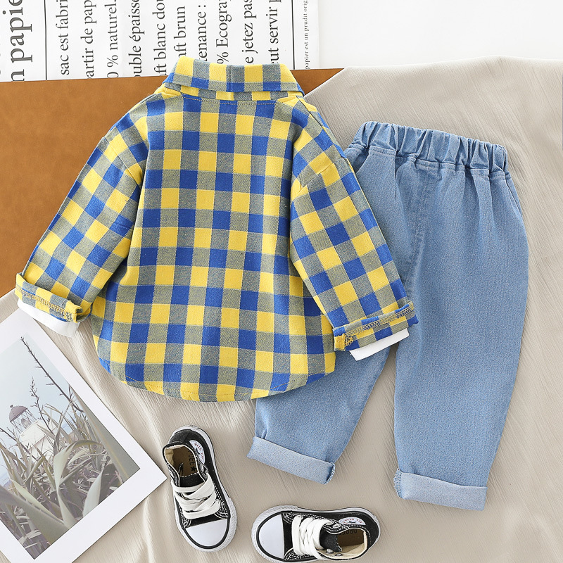 【9M-4Y】3-piece Boys Bear Print Long-sleeved T-shirt And Plaid Shirt And Jeans Set 【9M-4Y】3-piece Boys Bear Print Long-sleeved T-shirt And Plaid Shirt And Jeans Set