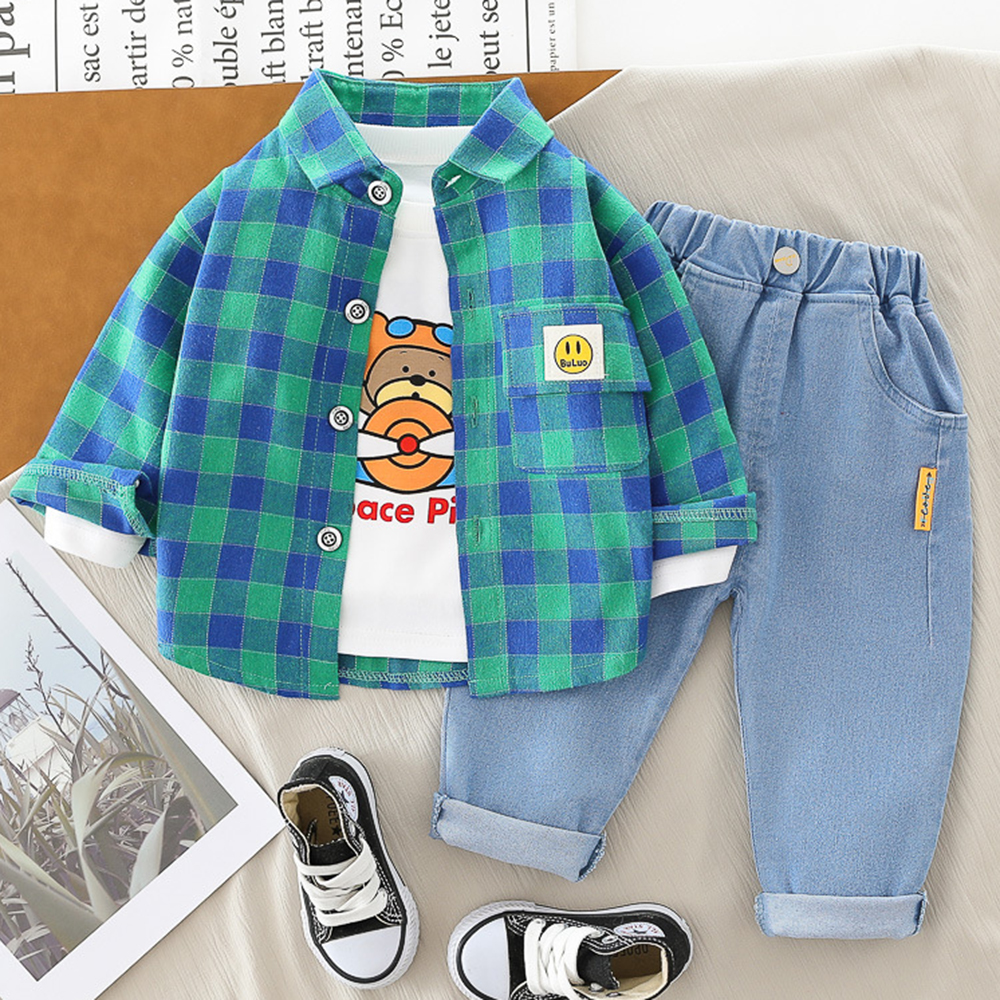 【9M-4Y】3-piece Boys Bear Print Long-sleeved T-shirt And Plaid Shirt And Jeans Set 【9M-4Y】3-piece Boys Bear Print Long-sleeved T-shirt And Plaid Shirt And Jeans Set