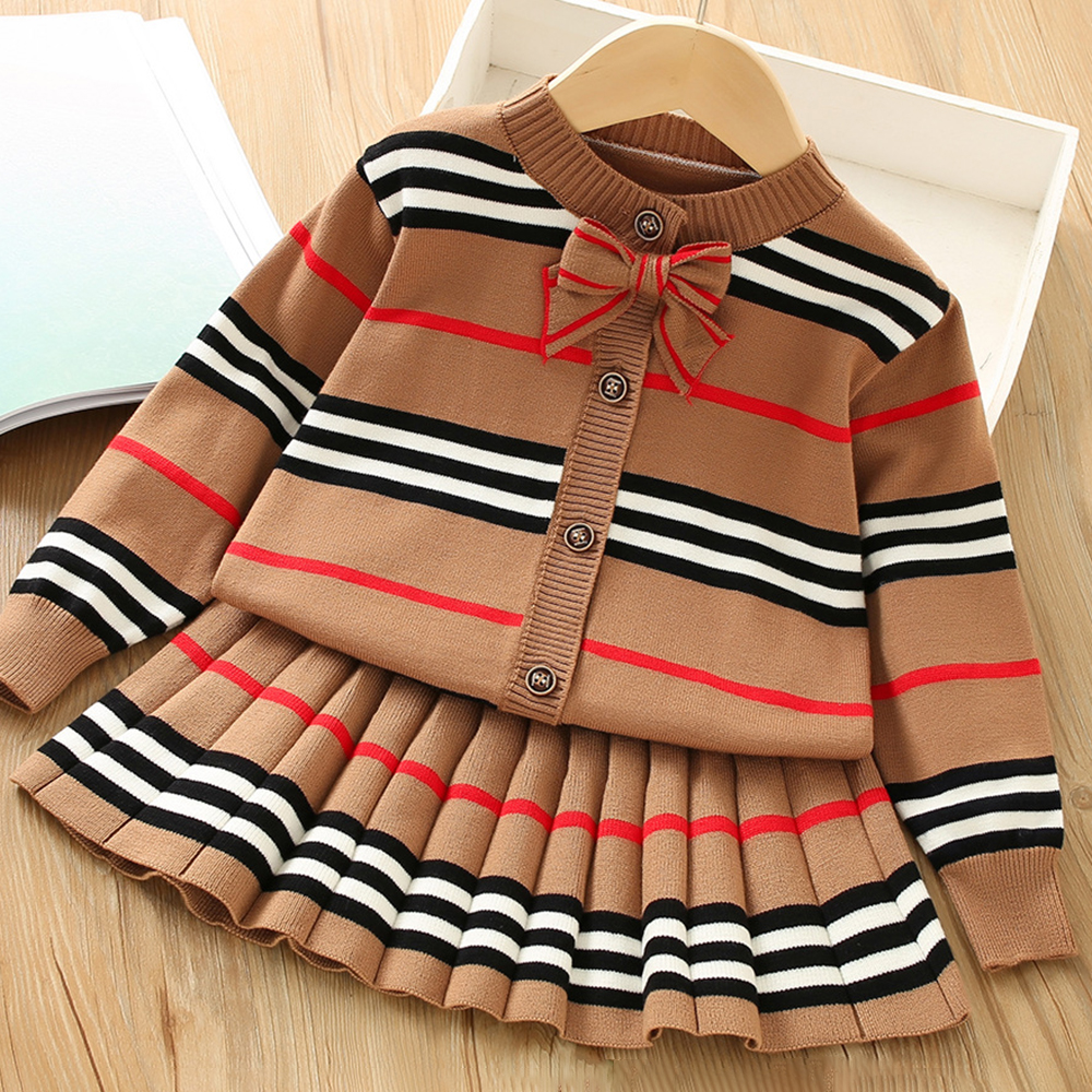 【18M-7Y】Girls Striped Sweater Cardigan And Pleated Skirt Set - 34271 【18M-7Y】Girls Striped Sweater Cardigan And Pleated Skirt Set - 34271