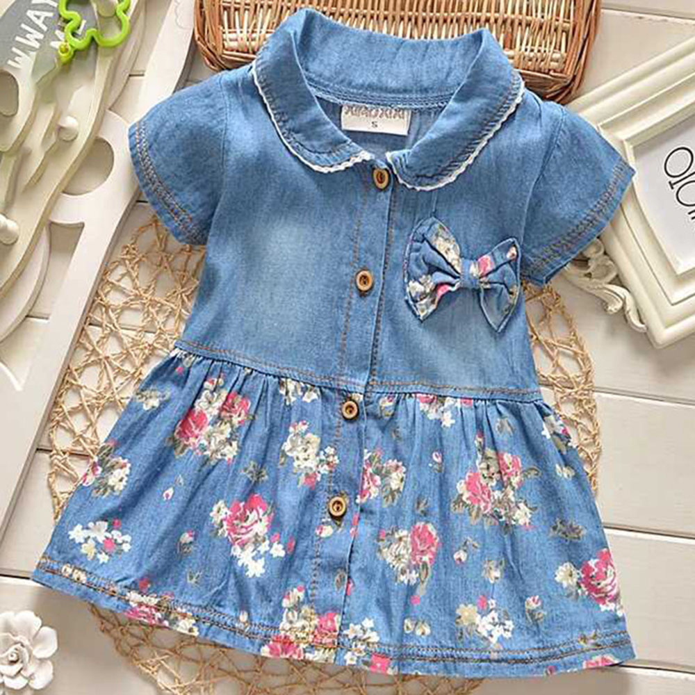 【9M-3Y】Girls Denim Floral Short Sleeve Dress 【9M-3Y】Girls Denim Floral Short Sleeve Dress