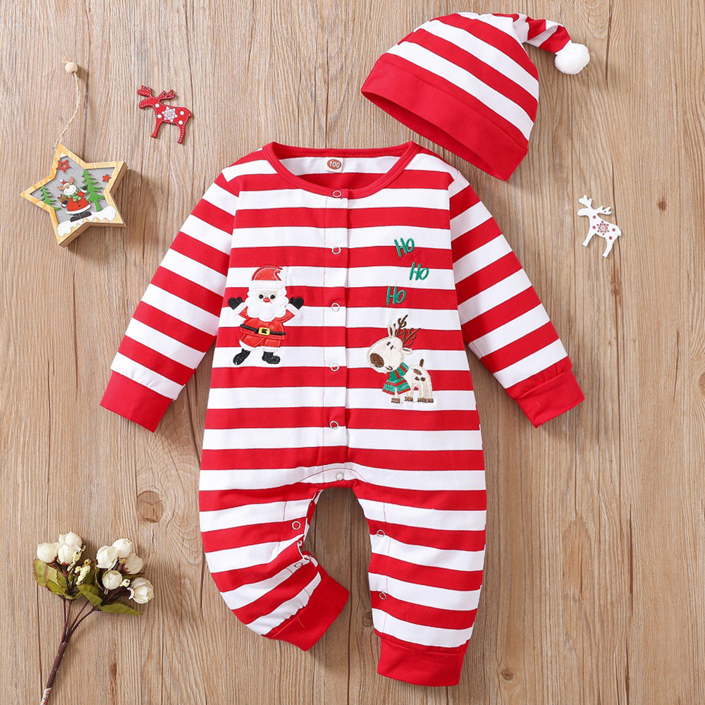 【0M-12M】2-piece Unisex Baby Red Christmas Striped Cartoon Embroidered Long Sleeve Romper With Hat 【0M-12M】2-piece Unisex Baby Red Christmas Striped Cartoon Embroidered Long Sleeve Romper With Hat