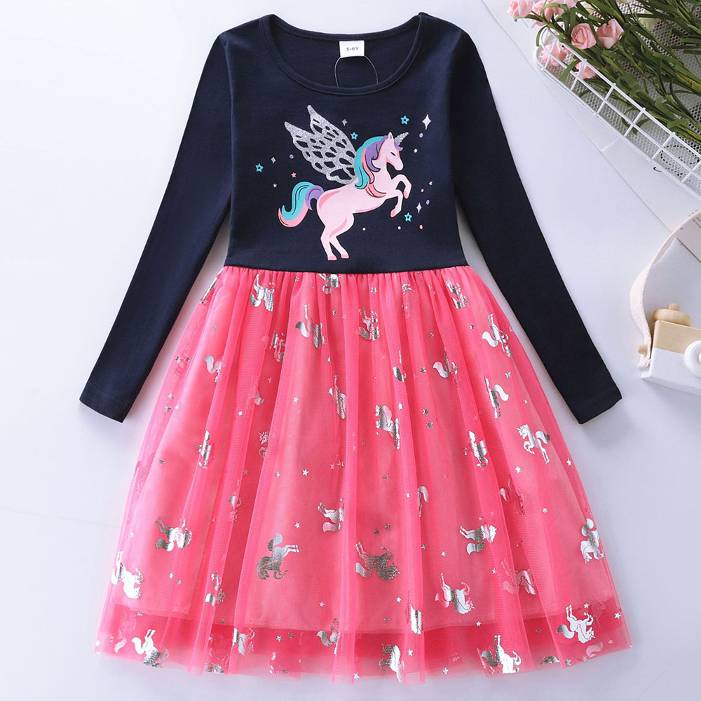 【3Y-8Y】Girls Navy Unicorn Print Mesh Long Sleeve Dress 【3Y-8Y】Girls Navy Unicorn Print Mesh Long Sleeve Dress
