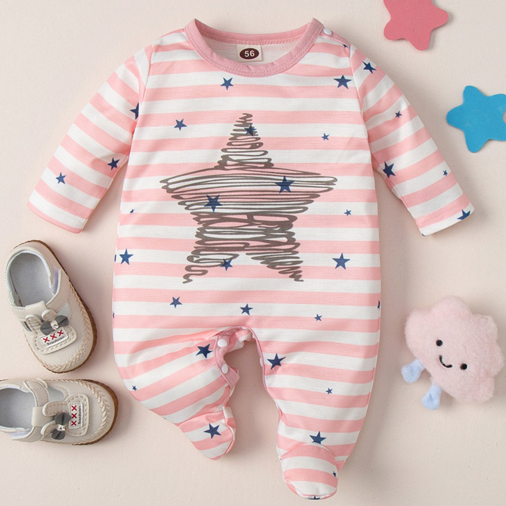 【0M-12M】Baby Girl Pink Striped Star Print Long Sleeve Romper 【0M-12M】Baby Girl Pink Striped Star Print Long Sleeve Romper