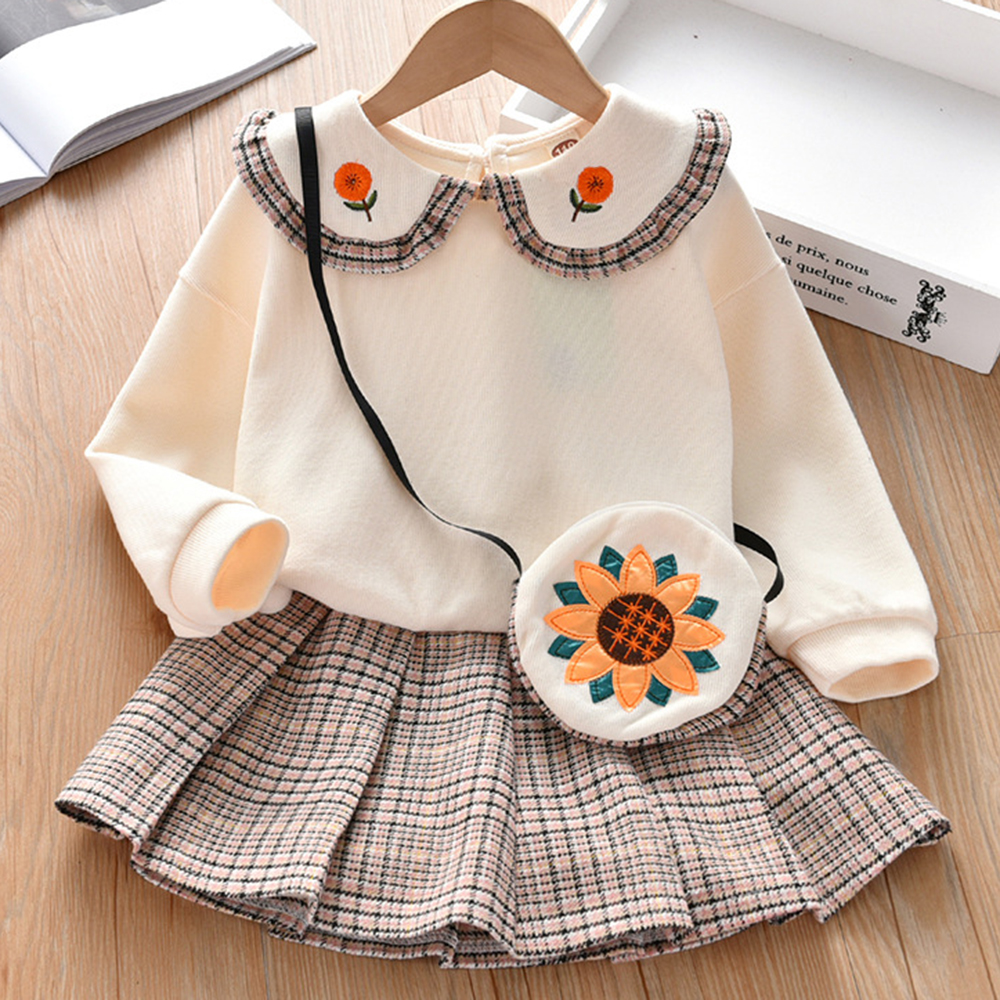 【18M-7Y】Girl 3-piece Doll Collar Sweatshirt And Plaid Pleated Skirt Set With Bag - 34157 【18M-7Y】Girl 3-piece Doll Collar Sweatshirt And Plaid Pleated Skirt Set With Bag - 34157