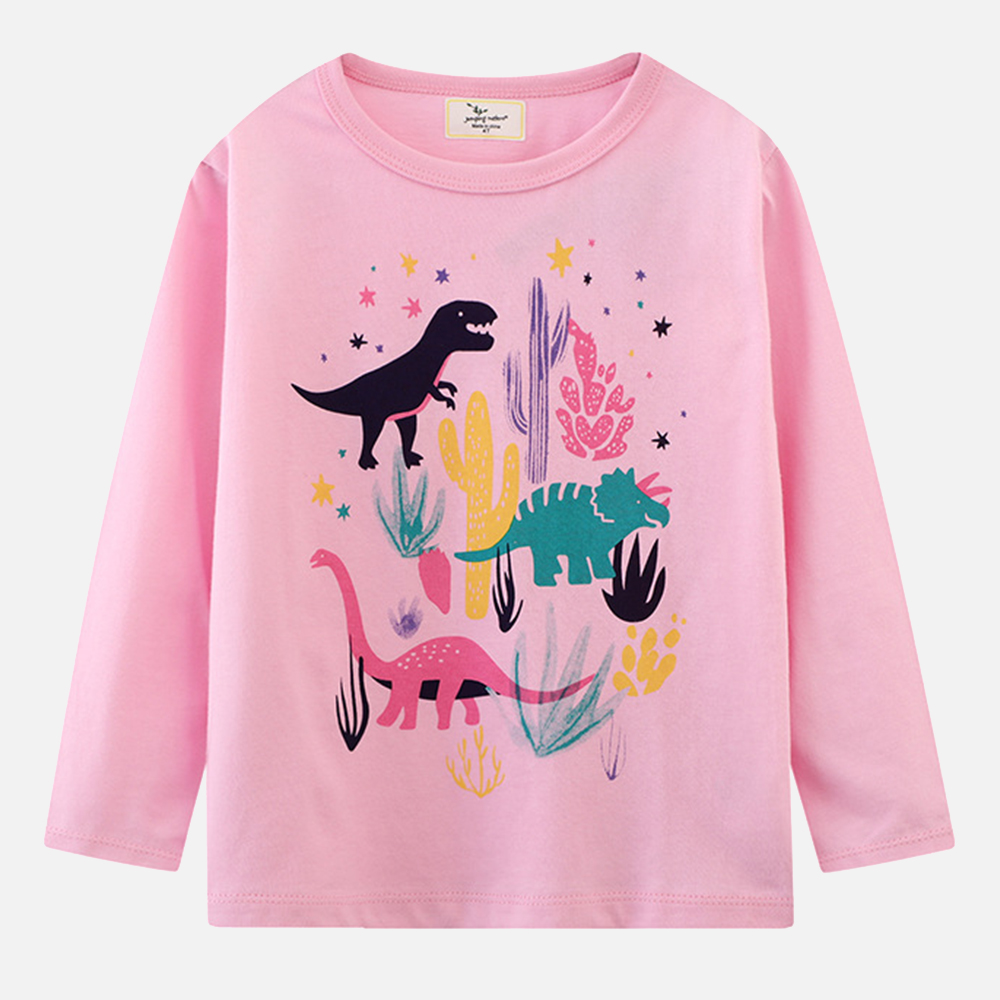【18M-7Y】Girls Pink Dinosaur Print Round Neck Long Sleeve T-shirt 【18M-7Y】Girls Pink Dinosaur Print Round Neck Long Sleeve T-shirt