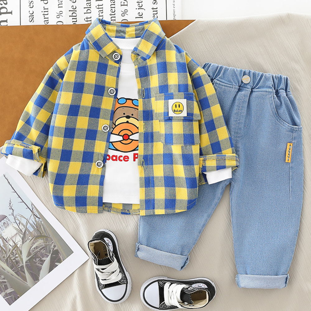 【9M-4Y】3-piece Boys Bear Print Long-sleeved T-shirt And Plaid Shirt And Jeans Set 【9M-4Y】3-piece Boys Bear Print Long-sleeved T-shirt And Plaid Shirt And Jeans Set
