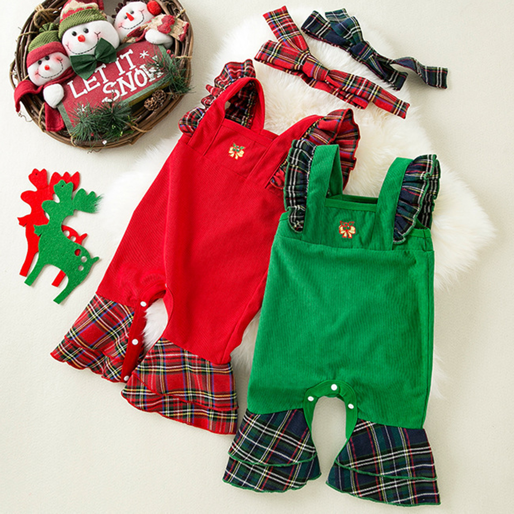 【3M-24M】2-piece Baby Girl Corduroy Christmas Plaid Jumpsuit With Hairband 【3M-24M】2-piece Baby Girl Corduroy Christmas Plaid Jumpsuit With Hairband