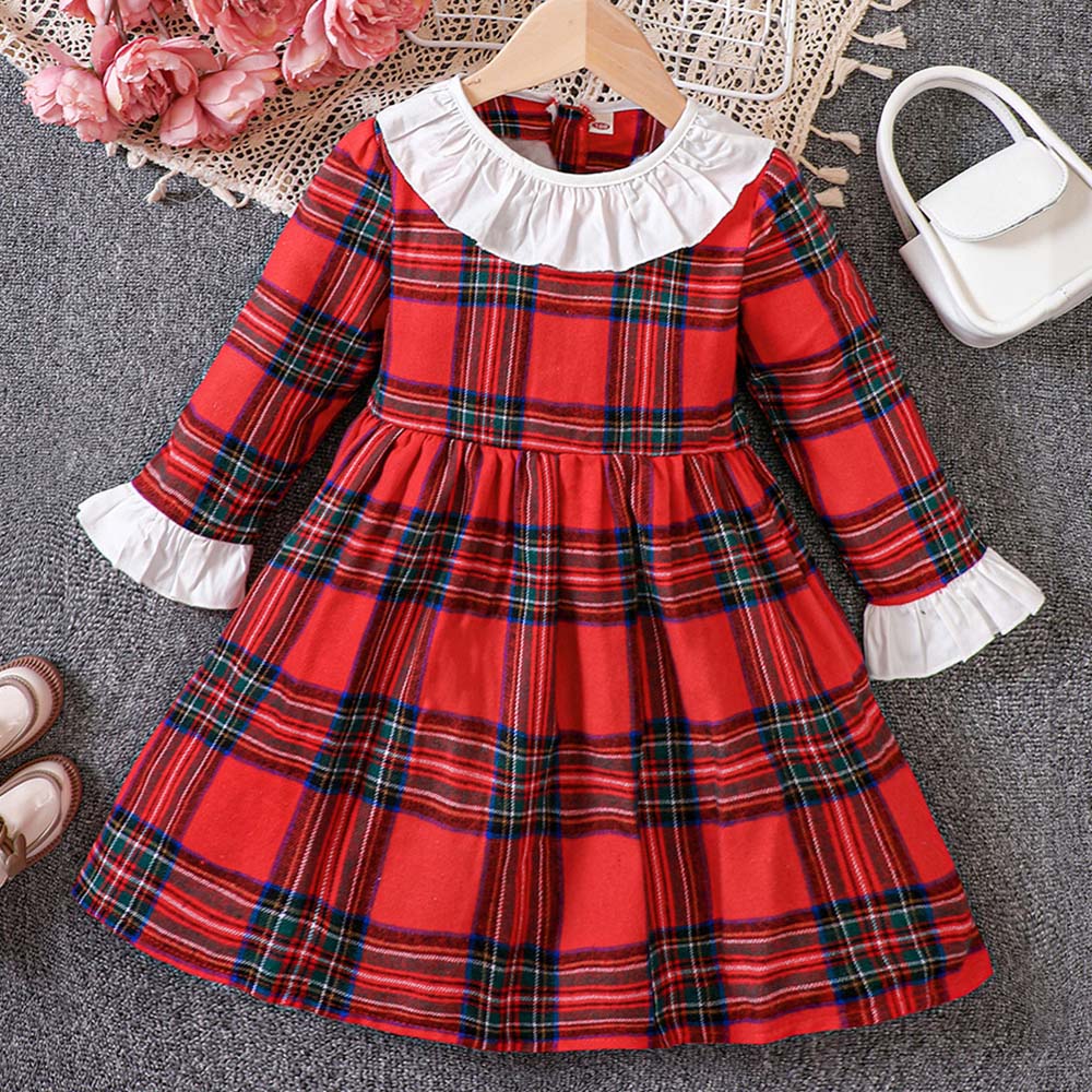 【18M-6Y】Girls Red Plaid Long Sleeve Dress 【18M-6Y】Girls Red Plaid Long Sleeve Dress