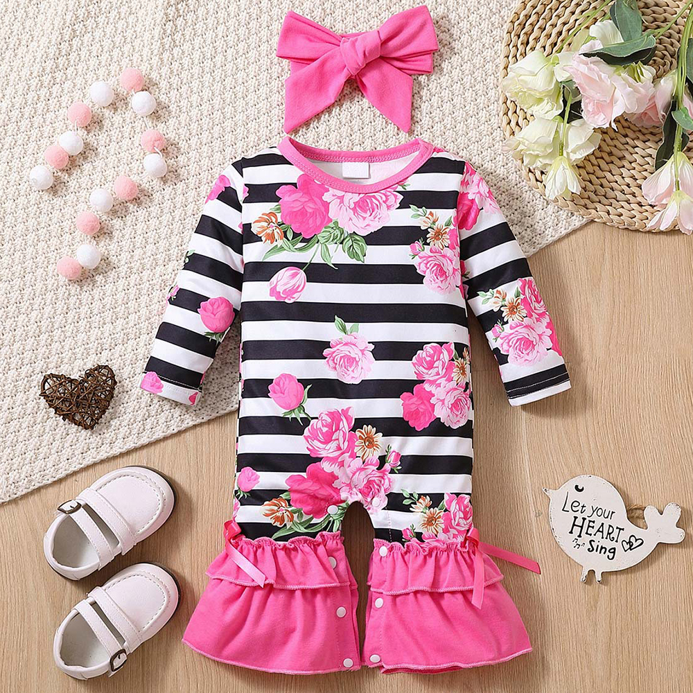 【0M-18M】2-piece Baby Girl Striped Floral Print Long Sleeve Romper With Hairband 【0M-18M】2-piece Baby Girl Striped Floral Print Long Sleeve Romper With Hairband