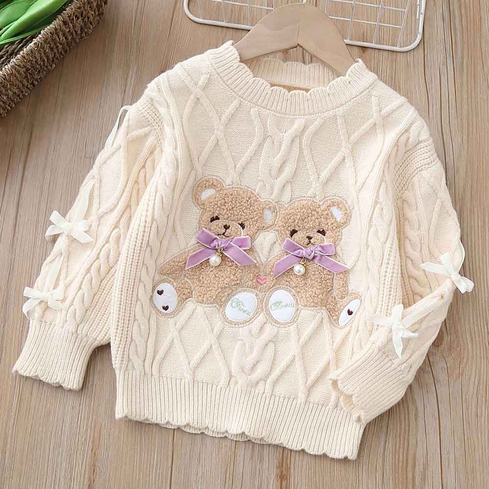 【18M-6Y】Girls Bear Embroidered Round Neck Long Sleeve Sweater - 31120 【18M-6Y】Girls Bear Embroidered Round Neck Long Sleeve Sweater - 31120
