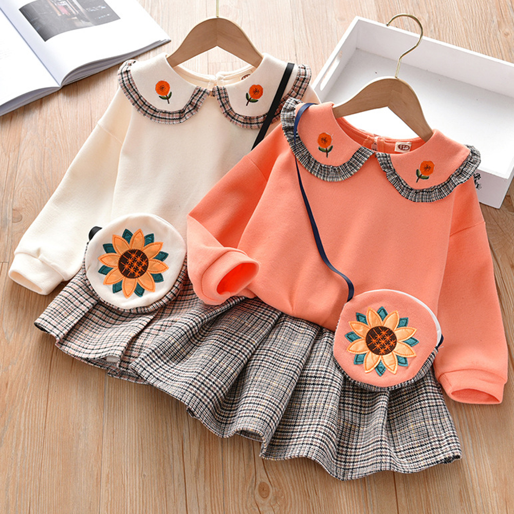 【18M-7Y】Girl 3-piece Doll Collar Sweatshirt And Plaid Pleated Skirt Set With Bag - 34157 【18M-7Y】Girl 3-piece Doll Collar Sweatshirt And Plaid Pleated Skirt Set With Bag - 34157