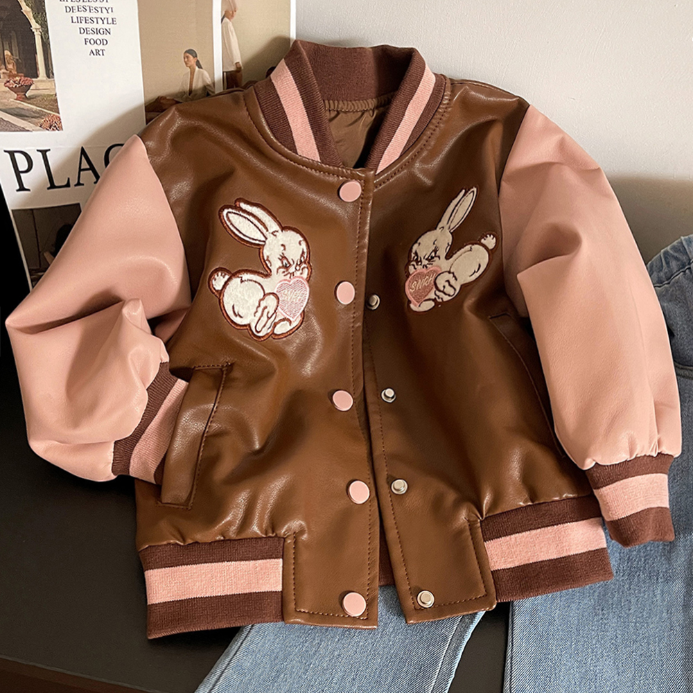 【18M-8Y】Girls Brown Bunny Embroidered PU Leather Jacket 【18M-8Y】Girls Brown Bunny Embroidered PU Leather Jacket