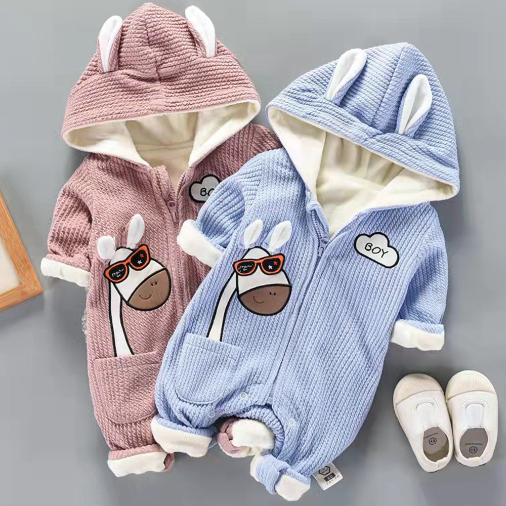 【3M-24M】Unisex Baby Thick Giraffe Embroidered Hooded Long Sleeve Romper 【3M-24M】Unisex Baby Thick Giraffe Embroidered Hooded Long Sleeve Romper