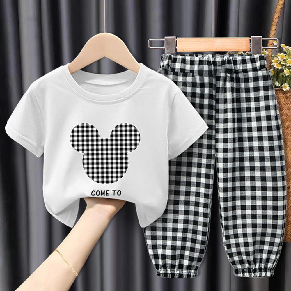 【18M-9Y】Unisex Kids Cartoon Print Short-sleeved T-shirt And Plaid Pants Set - 34359 【18M-9Y】Unisex Kids Cartoon Print Short-sleeved T-shirt And Plaid Pants Set - 34359