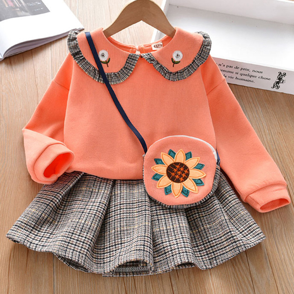 【18M-7Y】Girl 3-piece Doll Collar Sweatshirt And Plaid Pleated Skirt Set With Bag - 34157 【18M-7Y】Girl 3-piece Doll Collar Sweatshirt And Plaid Pleated Skirt Set With Bag - 34157