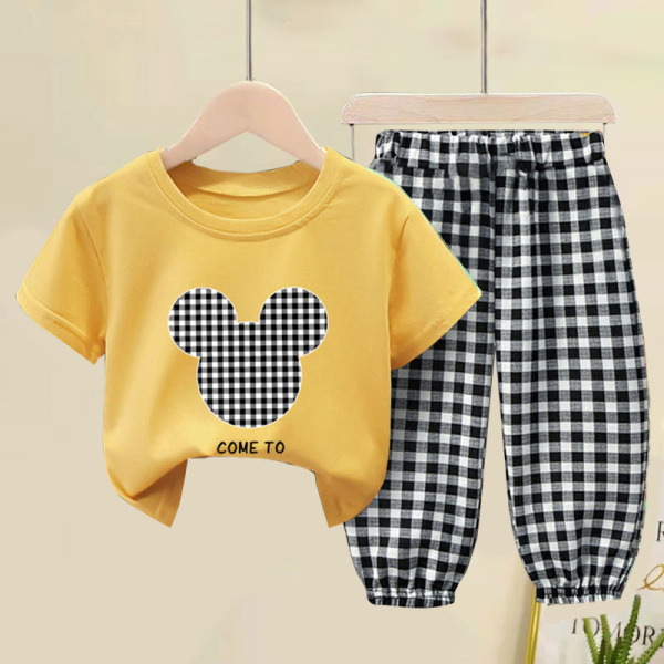 【18M-9Y】Unisex Kids Cartoon Print Short-sleeved T-shirt And Plaid Pants Set - 34359 【18M-9Y】Unisex Kids Cartoon Print Short-sleeved T-shirt And Plaid Pants Set - 34359