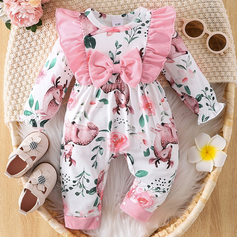 【0M-18M】Baby Girl Fawn Floral Print Long Sleeve Romper 【0M-18M】Baby Girl Fawn Floral Print Long Sleeve Romper